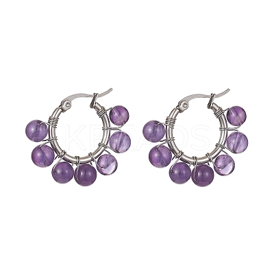 Natural & Synthetic Mixed Gemstone Round Beaded Hoop Earrings EJEW-JE05412-1