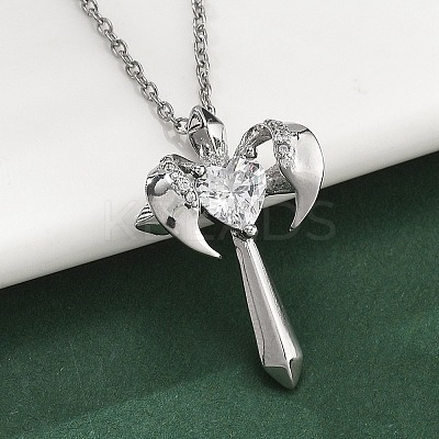 Brass Cubic Zirconia Wing Cross Pendant Necklaces for Women NJEW-C067-07P-03-1