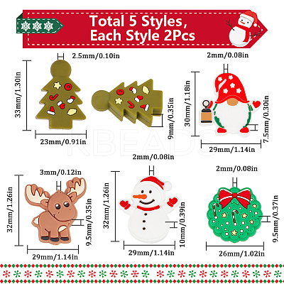 10Pcs 5 Styles Christmas Theme Food Grade Eco-Friendly Silicone Focal Beads SIL-SC0001-93-1