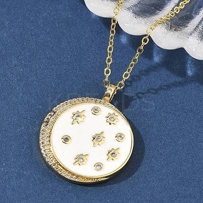 Brass Micro Pave Clear Cubic Zirconia Enamel Flat Round Moon Pendant Necklaces for Women NJEW-S449-03C-G-1