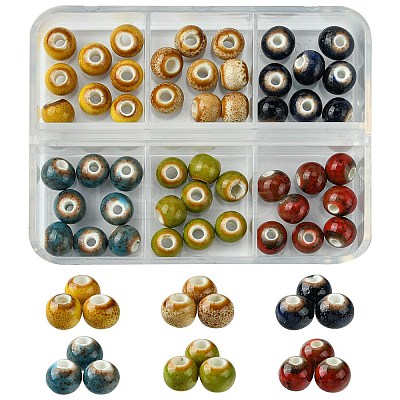 6 Colors Handmade Fancy Antique Glazed Porcelain Ceramic Round Beads PORC-FS0001-02-1