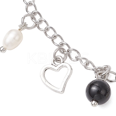 Natural Black Agate(Dyed & Heated) & Natural Pearl & 304 Stainless Steel Heart Tassel Curb Chain Anklets AJEW-AN00697-1
