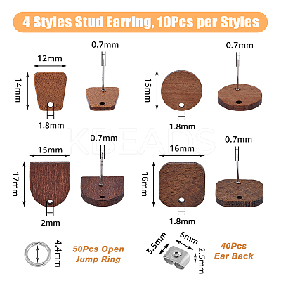 40Pcs 4 Style Arch & Flat Round & Square & Trapezoid Wood Stud Earring Findings FIND-DC0004-47-1