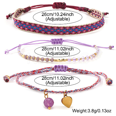 3Pcs 3 Styles Bohemian Adjustable Nylon Cord Braided Bracelet & Glass Beads Braided Bracelet & 304 Stainless Steel Heart Charm Bracelet Set for Women GE8132-1-1