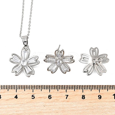 Flower Brass Micro Pave Cubic Zirconia Stud Earrings & Pendant Necklaces Sets SJEW-Z002-02P-1