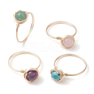4Pcs 4 Styles Round Natural Green Aventurine & Amethyst & Hemimorphite & Rose Quartz Finger Rings Sets RJEW-TA00147-1