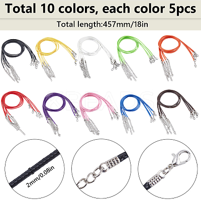50Pcs 10 Colors Waxed Imitation Leather Cord Necklace Makings AJEW-SP0001-03-1