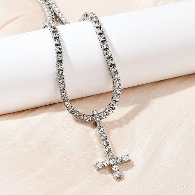 Alloy Full Crystal Rhinestone Christian Inverted Cross Pendant Necklaces NJEW-P333-01P-1