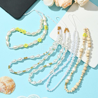 1 Set ABS Plastic Imitation Pearl & Wood & Polymer Clay Beaded Mobile Straps HJEW-FH0001-54-1