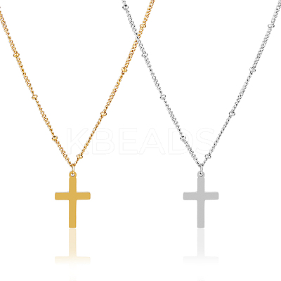 2Pcs 2 Colors 304 Stainless Steel Cross Pendant Necklace with Satellite Chains NJEW-FI0001-48-1