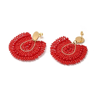 Bohemian Style Fan Glass Seed Beaded Dangle Stud Earrings for Women LS3119-2-1