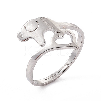 Non-Tarnish 201 Stainless Steel Elephant with Heart Adjustable Ring for Women RJEW-K238-07P-1