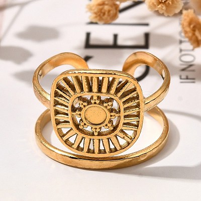 Square with Sun 304 Stainless Steel Open Cuff Rings for Women RJEW-M046-01G-1