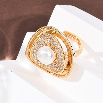 Adjustable Brass Micro Pave Clear Cubic Zirconia with ABS Plastic Pearl Cuff Rings RJEW-G368-05G-1