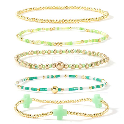 5Pcs 5 Styles Brass & Resin Beads Stretch Bracelets FP8271-7-1