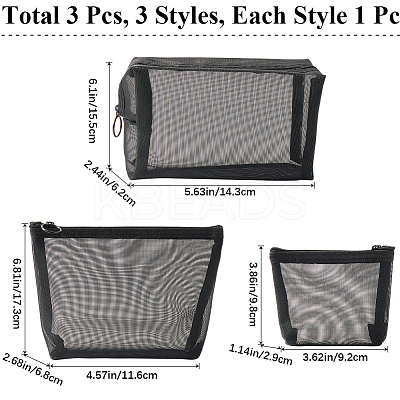 3Pcs 3 Styles Nylon Gauze Cosmetic Pouches with Zipper ABAG-CP0001-11-1