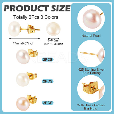 6Pcs 3 Colors Natural Cultured Freshwater Pearl Stud Earrings EJEW-TAC00027-1