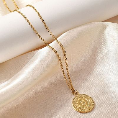304 Stainless Steel Flat Round Cameo Pendant Cable Chain Necklaces for Women STAS-Z108-02G-02-1