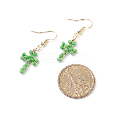 Glass Seed Braided Cross Dangle Earrings EJEW-JE05042-1