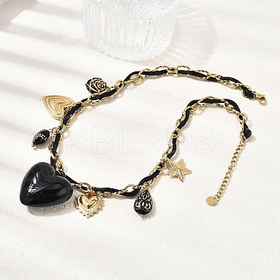 304 Stainless Steel & Acrylic Black Heart Pendant Bib Necklaces for Women NJEW-A063-04G-1