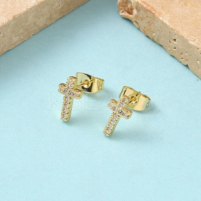Cross Brass Micro Pave Clear Cubic Zirconia Stud Earrings EJEW-Z144-25G-1