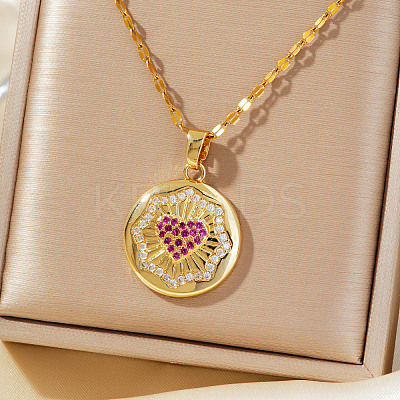 Elegant Fashion Brass Clear & Hot Pink Cubic Zirconia Circle Heart Pendant Necklaces for Women RR6975-1-1