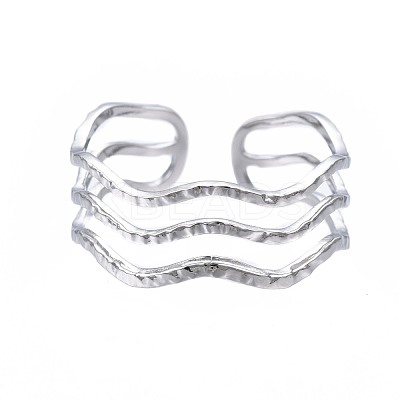 Non-Tarnish 304 Stainless Steel Triple Line Wave Open Cuff Ring RJEW-T023-02P-1