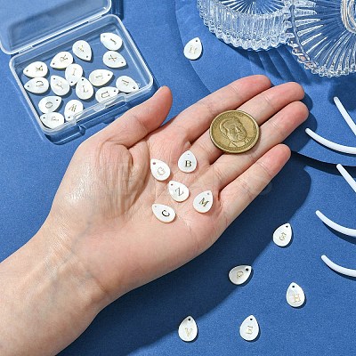 26Pcs 26 Styles Natural Shell Teardrop Charms with Golden Tone Metal Letter Slices SHEL-CJ0001-33-1