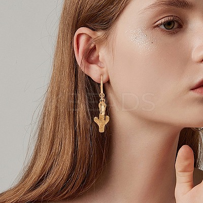Cactus Brass Dangle Huggie Hoop Earrings EJEW-SW00001-05-1