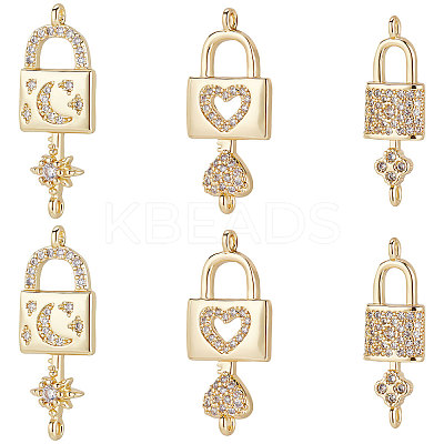 6Pcs 3 Styles Brass Micro Pave Clear Cubic Zirconia Connector Charms KK-BBC0002-94-1