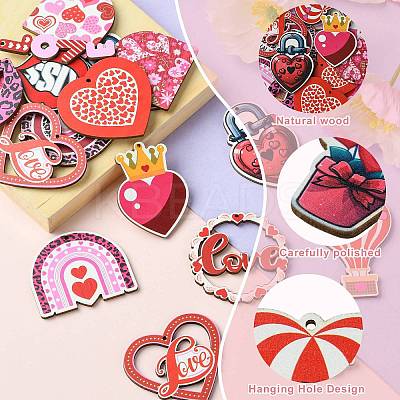 34Pcs 17 Styles Single Face Printed Wood Pendants WOOD-CJ0001-91-1