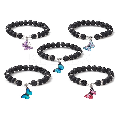 Natural Lava Rock & Black Agate Round Beaded Stretch Bracelet BJEW-JB10010-1