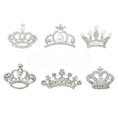 6Pcs 6 Style Crystal Rhinestone Crown Brooch Pins with Plastic Pearl Beaded JEWB-CA0001-29-1