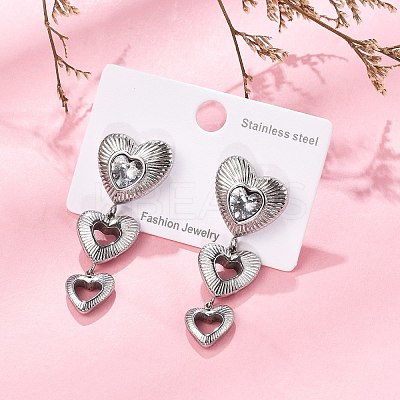 Heart 304 Stainless Steel Clear Cubic Zirconia  Dangle Stud Earrings EJEW-D319-17P-1