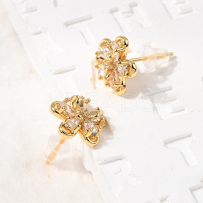 Brass Micro Pave Clear Cubic Zirconia Flower Stud Earrings EJEW-C158-17C-G-1