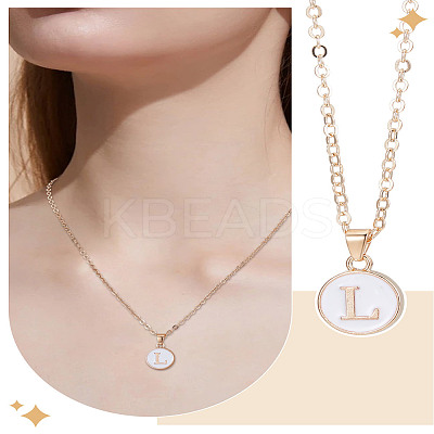 1Pc Zinc Alloy White Enamel Round with Letter Pendant Necklaces NJEW-LP0002-88G-L-1