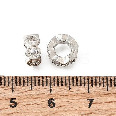 Hexagon Brass Micro Pave Clear Cubic Zirconia European Beads KK-Z156-01P-02-1