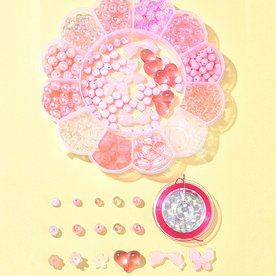 DIY Round & Flower & Heart Acrylic & ABS Plastic Imitation Pearl Beads Bracelets Making Kits DIY-FS0006-48-1