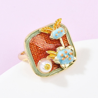 Brass Orange Red Enamel Flower Cuff Rings RJEW-C139-17D-G-1