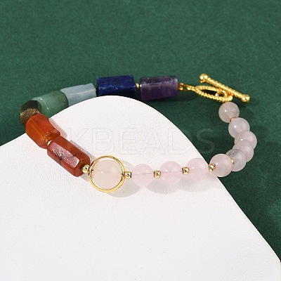 Natural Rose Quartz & Natural Mixed Stone & Brass Round & Prism Beaded Bracelets for Women BJEW-G752-01G-04-1