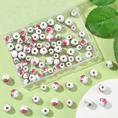 100Pcs 2 Styles Floral Printed Porcelain Beads PORC-SP0001-07-1