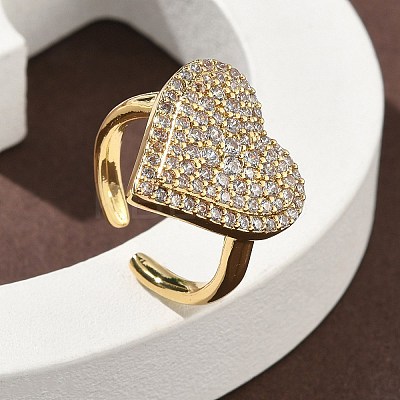 Heart Brass Micro Pave Cubic Zirconia Cuff Rings for Women RJEW-A069-12G-02-1