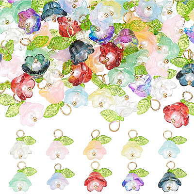 60Pcs 10 Color Glass Flower Pendants PALLOY-AB00190-1