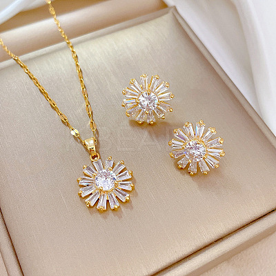 Brass Micro Pave Cubic Zirconia Pendant Necklace & Stud Earrings WG7AC39-34-1