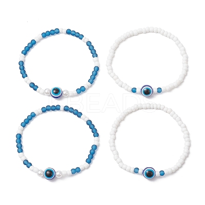 2Pcs 2 Styles Evil Eye Glass Beads Stretch Bracelets & Glass Seed Beads Stretch Bracelets for Women BJEW-JB11895-1