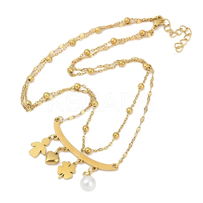 304 Stainless Steel & Imitation Pearl Clover Heart Double Layer Necklaces for Women NJEW-V004-02G-1