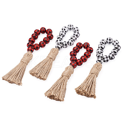 8Pcs 2 Colors Tartan Pattern Wood Beads & Jute Tassel Napkin Rings AJEW-CF0001-06-1