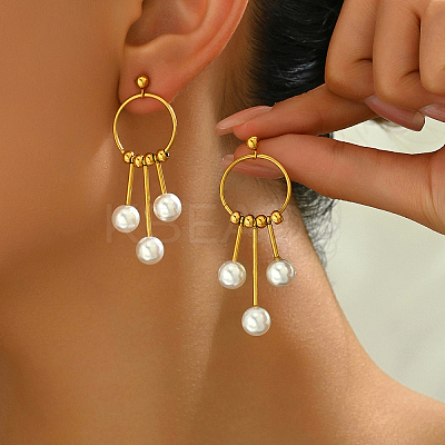 Geometric 201 Stainless Steel Imitation Pearl Tassel Stud Earrings OT0568-1