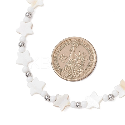 2Pcs 2 Styles Natural White Shell & Brass Moon Star Beaded Necklaces NJEW-JN05854-1