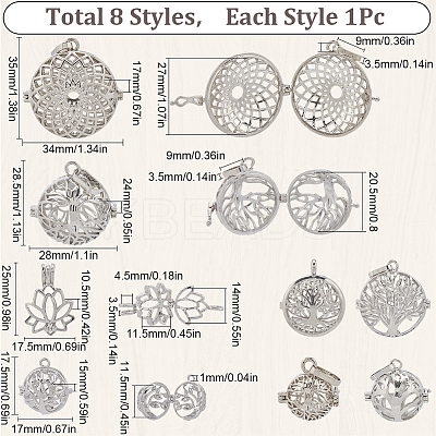 8Pcs 8 Styles Brass & Alloy Hollow Cage Pendants KK-SC0004-30-1